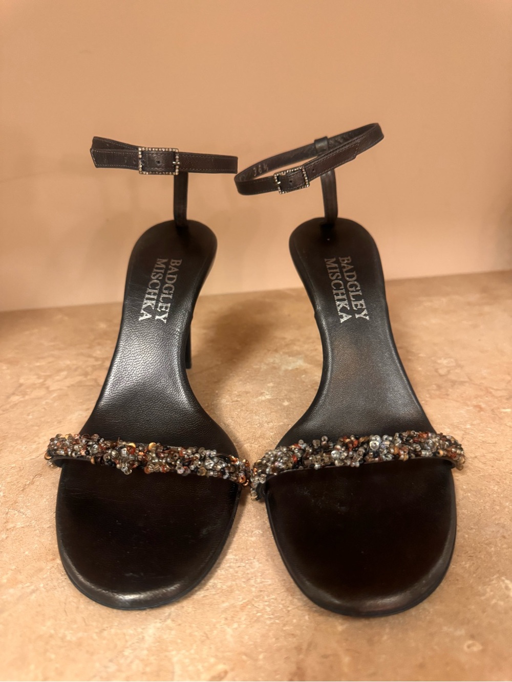 Badgley Mischka Brown Beaded Ankle-Strap Sandals